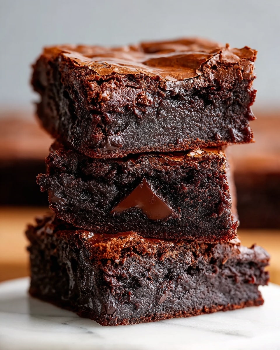 A close-up view of a stack of three thick chocolate brownies placed on a white marbled surface. Each brownie has two distinct layers: a dense, dark chocolate base with a moist, fudgy texture, topped by a thin, shiny, cracked chocolate crust that looks slightly crisp. The brownies are rich and dark brown with some visible chocolate chunks embedded near the top of each piece. The stack is slightly uneven, with a soft and glossy finish on the edges of each layer. Photo taken with an iphone --ar 4:5 --v 7