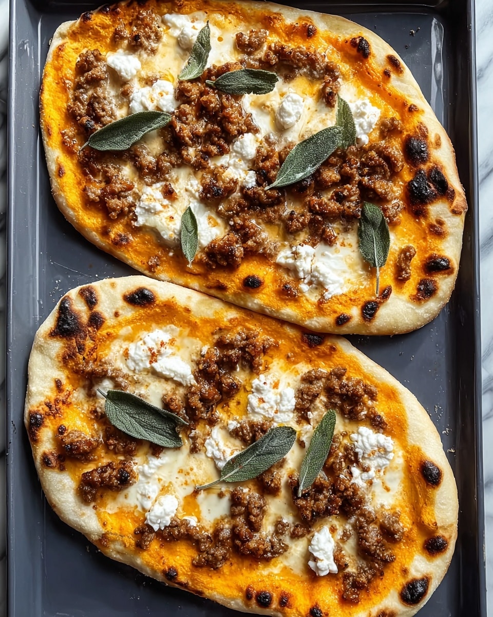 The image shows two oval-shaped pizzas on a dark tray placed on a white marbled surface. Each pizza has a thin, lightly browned crust with small charred spots. The bottom layer is a smooth orange sauce spread evenly up to the edges. On top of the sauce, there is a layer of melted white cheese with a slightly bubbly texture. Scattered throughout are crumbled brown cooked sausage pieces, adding a rough texture. Five fresh green sage leaves are placed on each pizza, with small dollops of white ricotta cheese among them, giving the pizzas a fresh and creamy contrast. Photo taken with an iphone --ar 4:5 --v 7