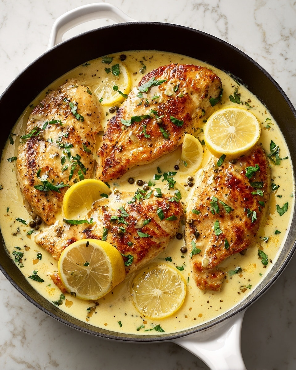 A black pan with white handle holds three golden-brown cooked chicken breasts sitting in a creamy light yellow lemon sauce. Thin yellow lemon slices with seeds are floating on top and tucked slightly under the chicken. The sauce has a smooth texture and is sprinkled with small green chopped fresh parsley and coarse black pepper, adding contrast to the yellow and brown colors. The pan is placed on a white marbled surface. Photo taken with an iphone --ar 4:5 --v 7