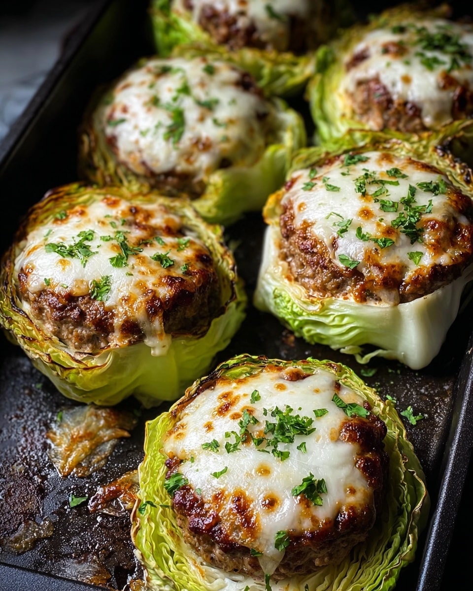 The image shows six round servings of a dish on a black baking tray. Each serving has three layers: the bottom layer is green cabbage leaves that look soft and slightly roasted at the edges. The middle layer is a browned, textured meat patty cooked well with a slightly crispy outside. The top layer is melted, bubbly white cheese with small brown spots from baking, sprinkled with chopped green herbs. The cabbage leaves are larger than the patties, curving around the edges, creating a bowl shape for the meat and cheese. The tray has some roasted bits and juices around the servings. Photo taken with an iphone --ar 4:5 --v 7