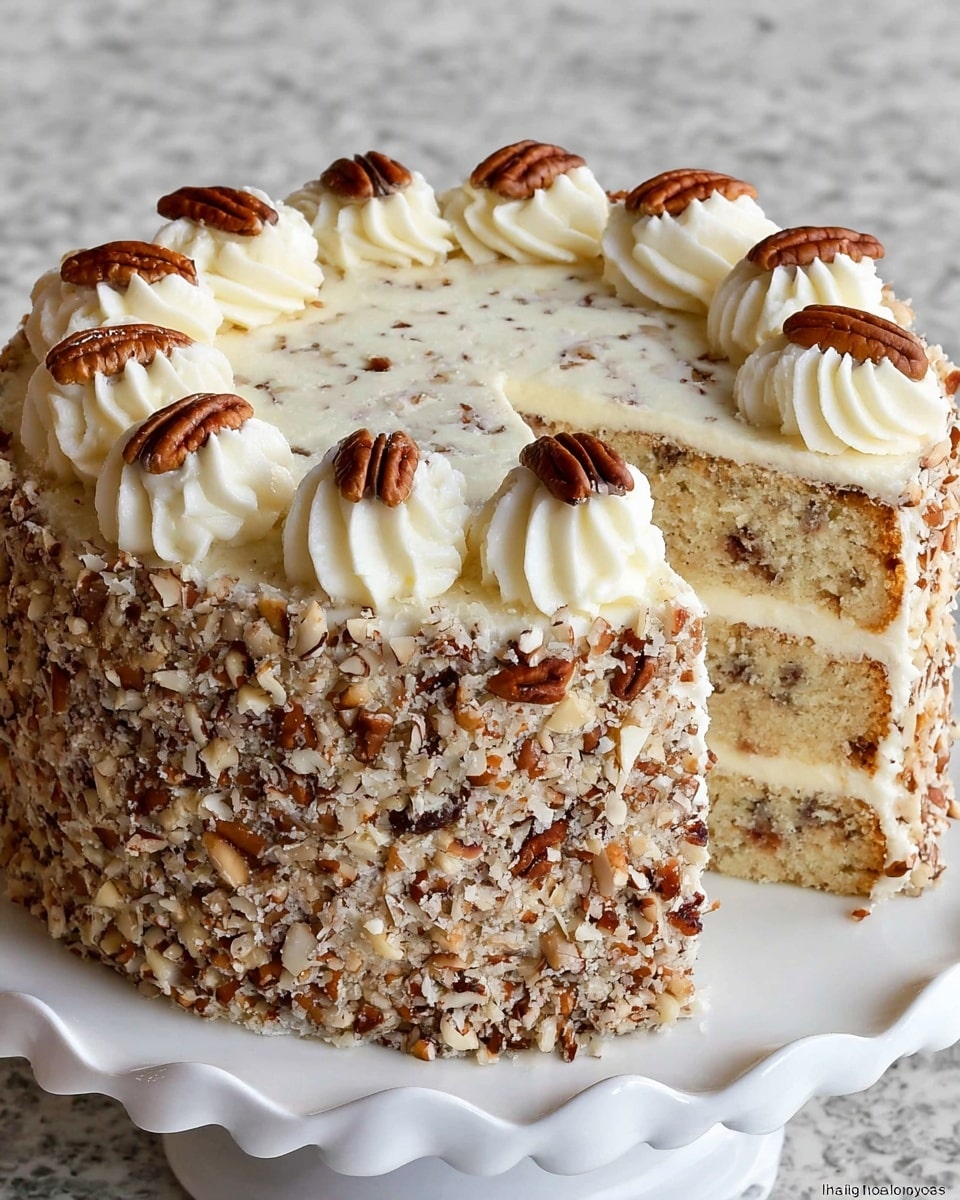 A tall round cake with three visible layers, each light beige with small dark specks throughout. The outside is covered with smooth white frosting and decorated with small swirls of white cream evenly spaced on top. Around the sides are small bits of chopped nuts in a light brown color pressed into the frosting. The cake is displayed on a white scalloped-edge plate, all set on a white marbled surface. photo taken with an iphone --ar 4:5 --v 7