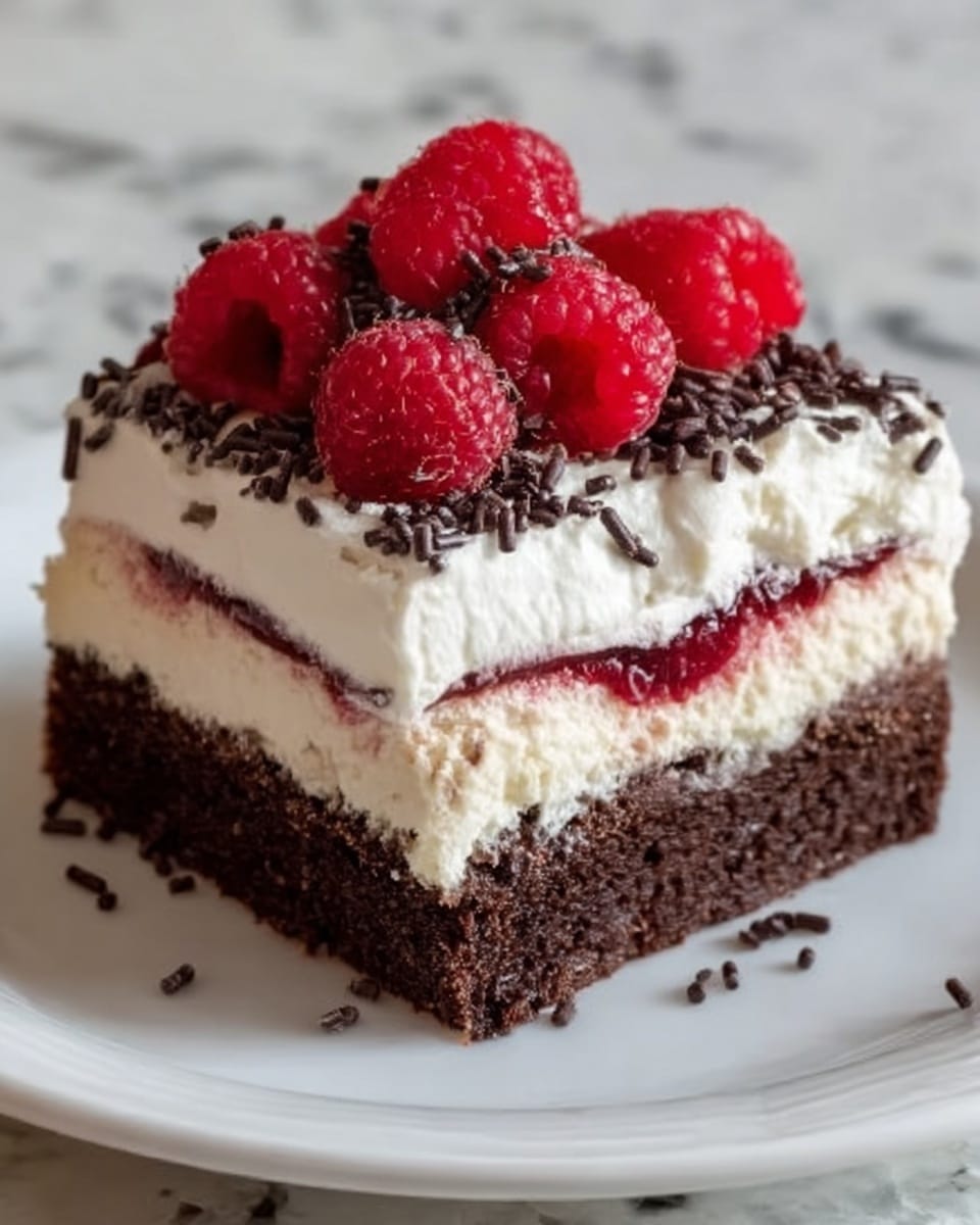 A square piece of dessert on a white plate shows four clear layers. The bottom layer is dark brown and looks like a dense chocolate cake. Above that is a bright red raspberry filling layer that seems juicy and smooth. Next is a thick white cream layer, soft and fluffy in texture. On top, several fresh red raspberries sit, along with dark thin chocolate sprinkles scattered around. The plate rests on a white marbled surface. photo taken with an iphone --ar 4:5 --v 7