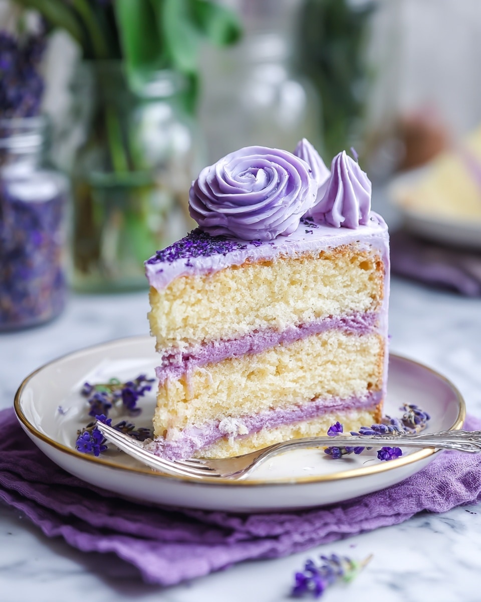 A slice of three-layer vanilla cake is shown on a white plate with a thin gold rim, placed on a purple cloth over a white marbled surface. The cake has two layers of light purple filling between three layers of pale yellow sponge. The top layer is covered in smooth light purple frosting with a large decorative purple rose made of frosting at the center, along with two small swirls of frosting. Around the cake slice on the plate are small purple flower sprigs. A silver fork with a bite of cake rests on the plate in front of the slice, and a blurred background shows glass jars and green plants. Photo taken with an iphone --ar 4:5 --v 7