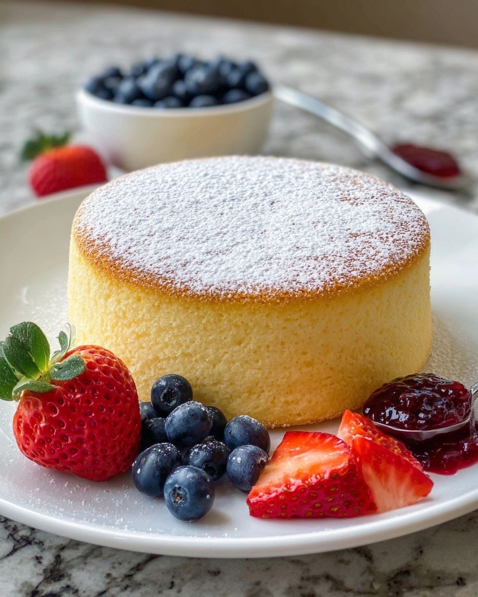 A tall, round, fluffy yellow cake with a golden brown top is dusted evenly with white powdered sugar. The cake sits on a white plate, surrounded by groups of fresh dark blue blueberries, a whole bright red strawberry with green leaves on the left, and a spoonful of red strawberry jam along with sliced strawberries on the right. The plate is placed on a white marbled textured surface. photo taken with an iphone --ar 4:5 --v 7