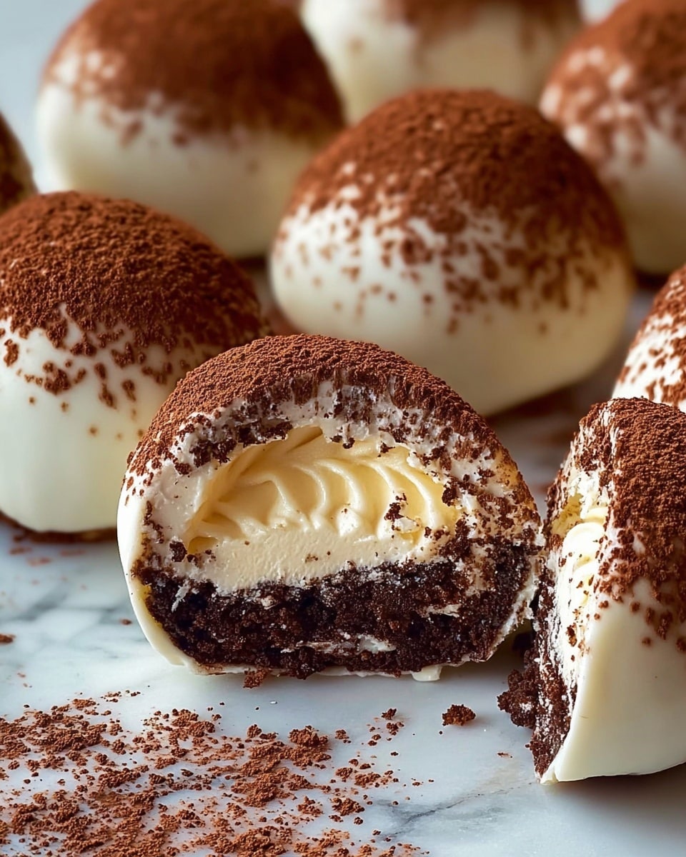 A close-up view of several round cream-filled treats arranged on a white surface with a white marbled texture, each treat having a smooth white outer coating with a dark chocolate base. The top layer of the treats is dusted with a fine layer of dark brown cocoa powder. One treat in the front is cut in half, showing three layers inside: a top soft white cream layer, a middle slightly off-white creamy layer with a swirl texture, and a bottom dark, crumbly chocolate cake layer. Cocoa powder is lightly scattered near the cut treat on the surface. Photo taken with an iphone --ar 4:5 --v 7