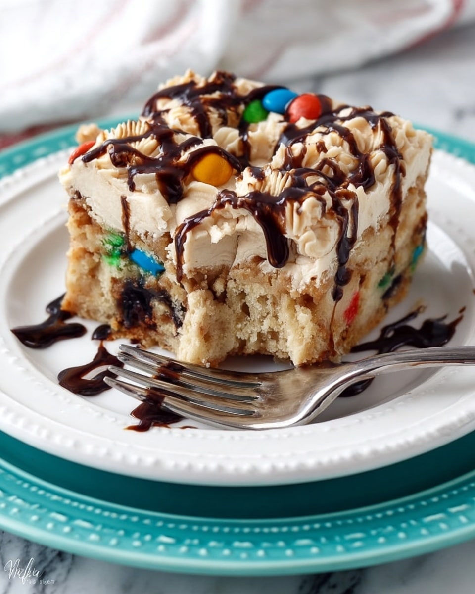 A slice of thick cookie bar with colorful candy pieces visible inside, showing a soft and crumbly light brown texture. The top layer has swirls of creamy light beige frosting, drizzled generously with dark chocolate syrup. The slice rests on a white plate with a decorative edge, which sits on top of a turquoise plate set against a white marbled surface. Chocolate syrup is also artistically drizzled on the plate around the slice. A silver fork is placed next to the slice with a small bite of the cookie bar on its tines. Photo taken with an iphone --ar 4:5 --v 7