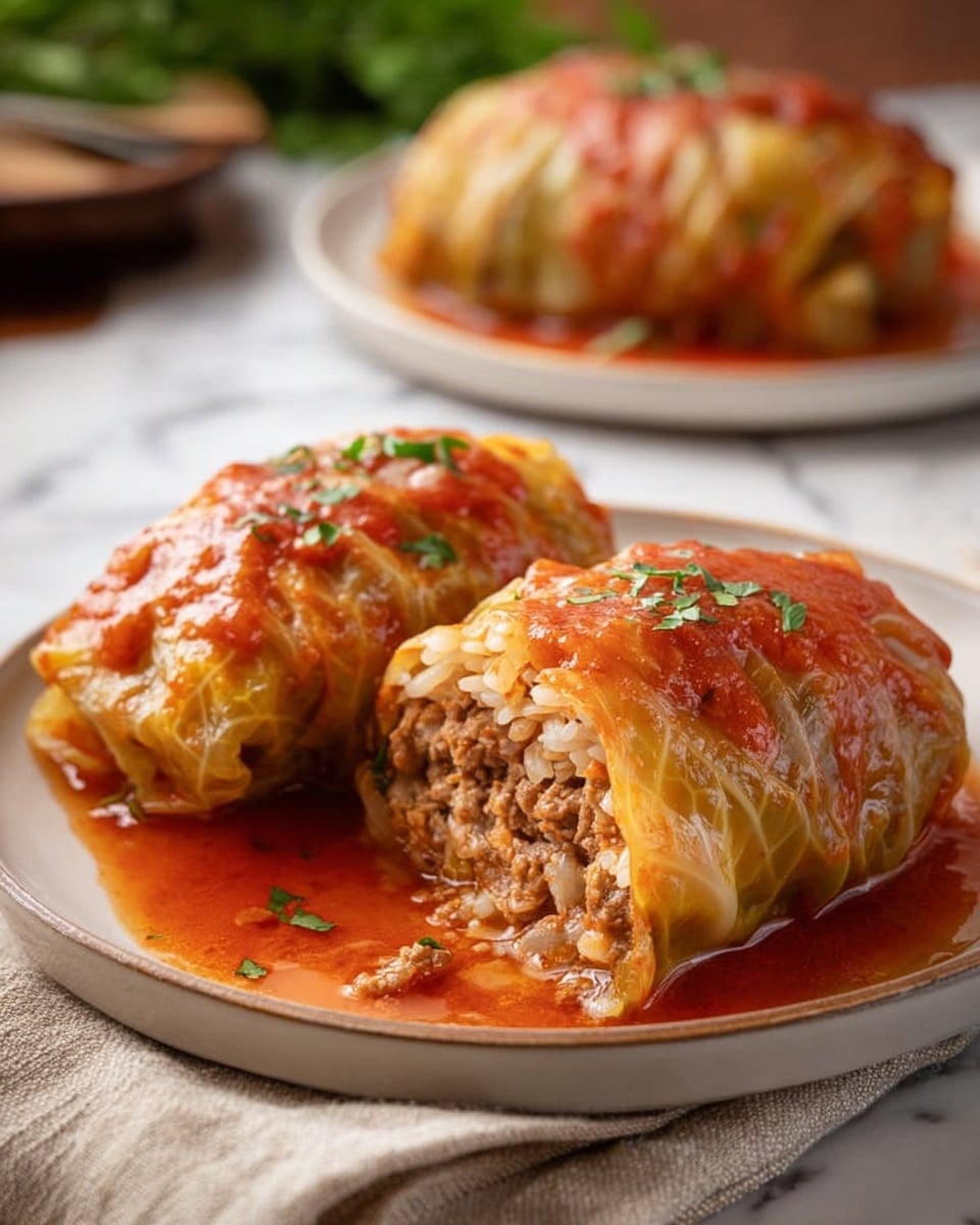 Two stuffed cabbage rolls sit on a white plate with a shallow pool of red tomato sauce. The cabbage rolls have a shiny, soft, orange-tinged outer cabbage leaf wrapping tightly around a filling of ground meat mixed with rice, visible in the cut-open roll in the foreground. The tomato sauce coats the tops of the rolls and glistens under the light, with small bits of herbs sprinkled on top. The plate rests on a beige cloth on a white marbled surface, and in the background, another plate of cabbage rolls is slightly out of focus. photo taken with an iphone --ar 4:5 --v 7