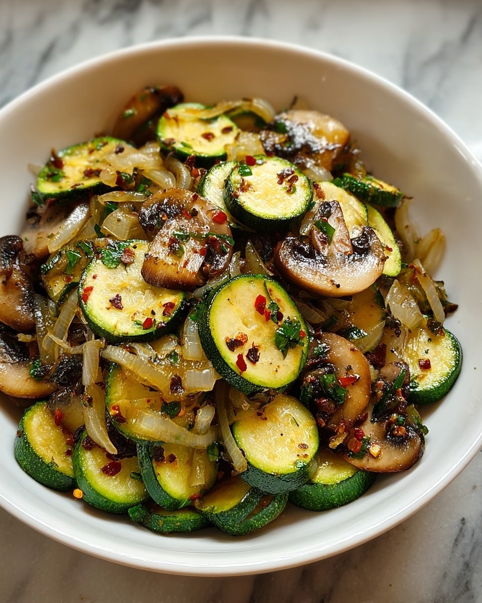 A white bowl filled with cooked vegetables showing three visible layers: the bottom layer with green zucchini slices having a glossy texture, the middle layer featuring light golden-brown cooked onion strips that look soft and slightly translucent, and the top layer containing browned mushroom slices with a juicy, slightly seared surface. Small flecks of green herbs and red chili flakes are spread evenly throughout, adding color contrast and texture. The bowl is set on a white marbled surface. Photo taken with an iphone --ar 4:5 --v 7