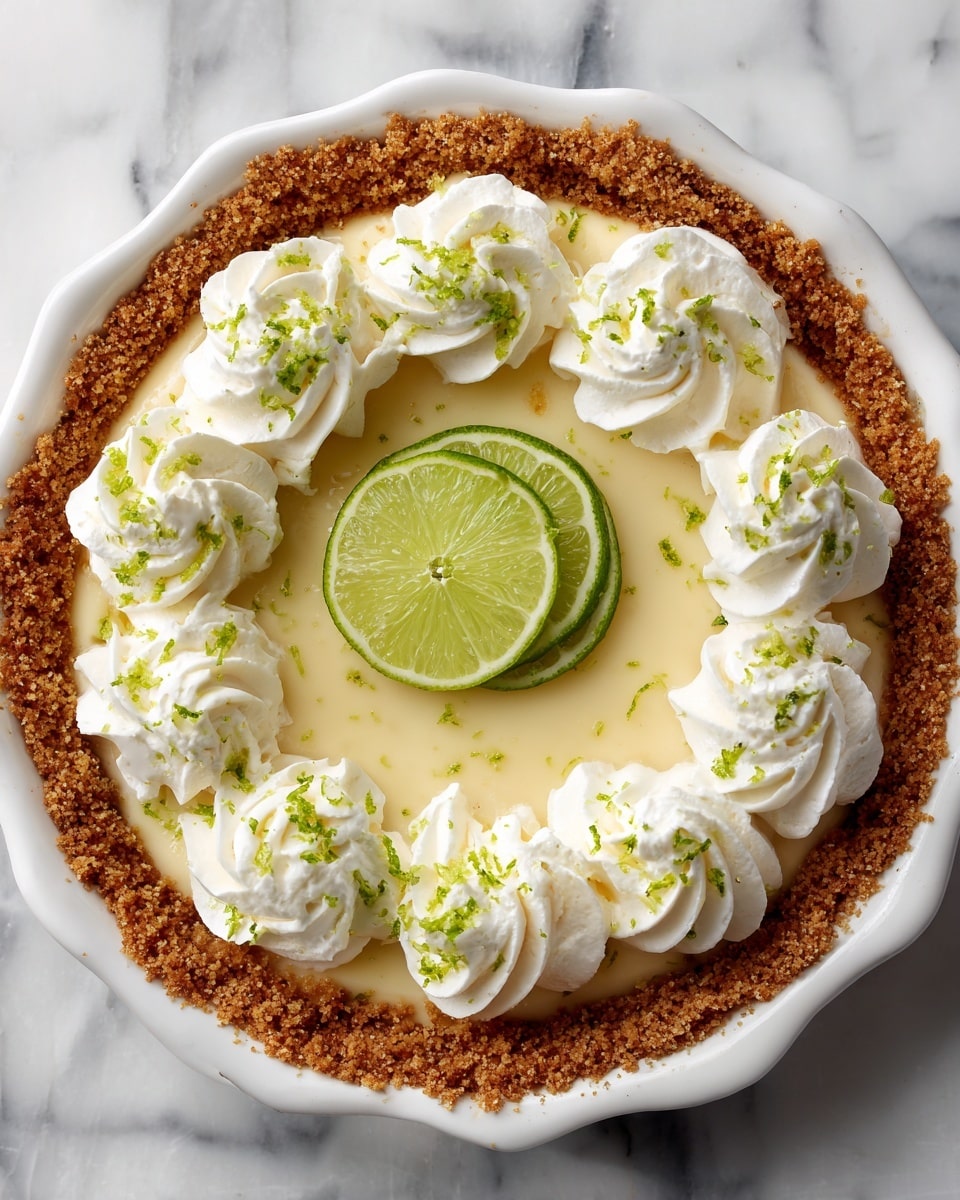 A pie in a white dish with three main layers: the outermost is a crumbly brown crust that looks crunchy, inside it is a smooth creamy light yellow filling, and the top layer has large swirls of white whipped cream arranged around the edge and in the center, sprinkled with green lime zest, with a wedge of lime placed in the middle. The pie is set on a white marbled surface. photo taken with an iphone --ar 4:5 --v 7