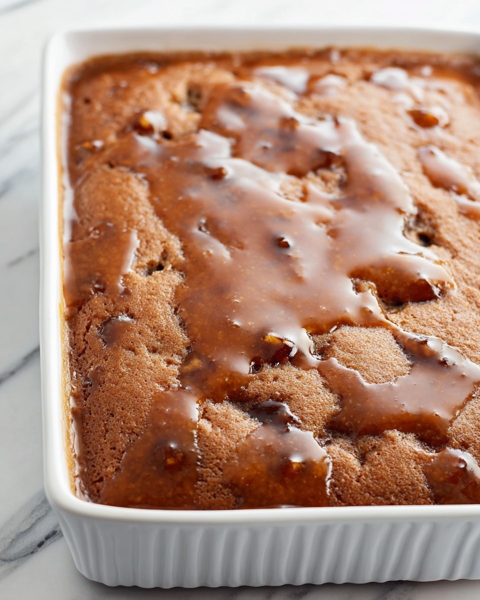 A close-up view of a thick, brown dessert with a glossy glaze spread unevenly on top, creating shiny patches and small pools across its surface. The dessert sits in a white rectangular baking dish with ridged sides, and the top layer has a soft, slightly cracked texture with hints of darker brown spots where it has baked more. The background is a white marbled surface, adding a clean and bright contrast to the rich brown color of the dessert. photo taken with an iphone --ar 4:5 --v 7