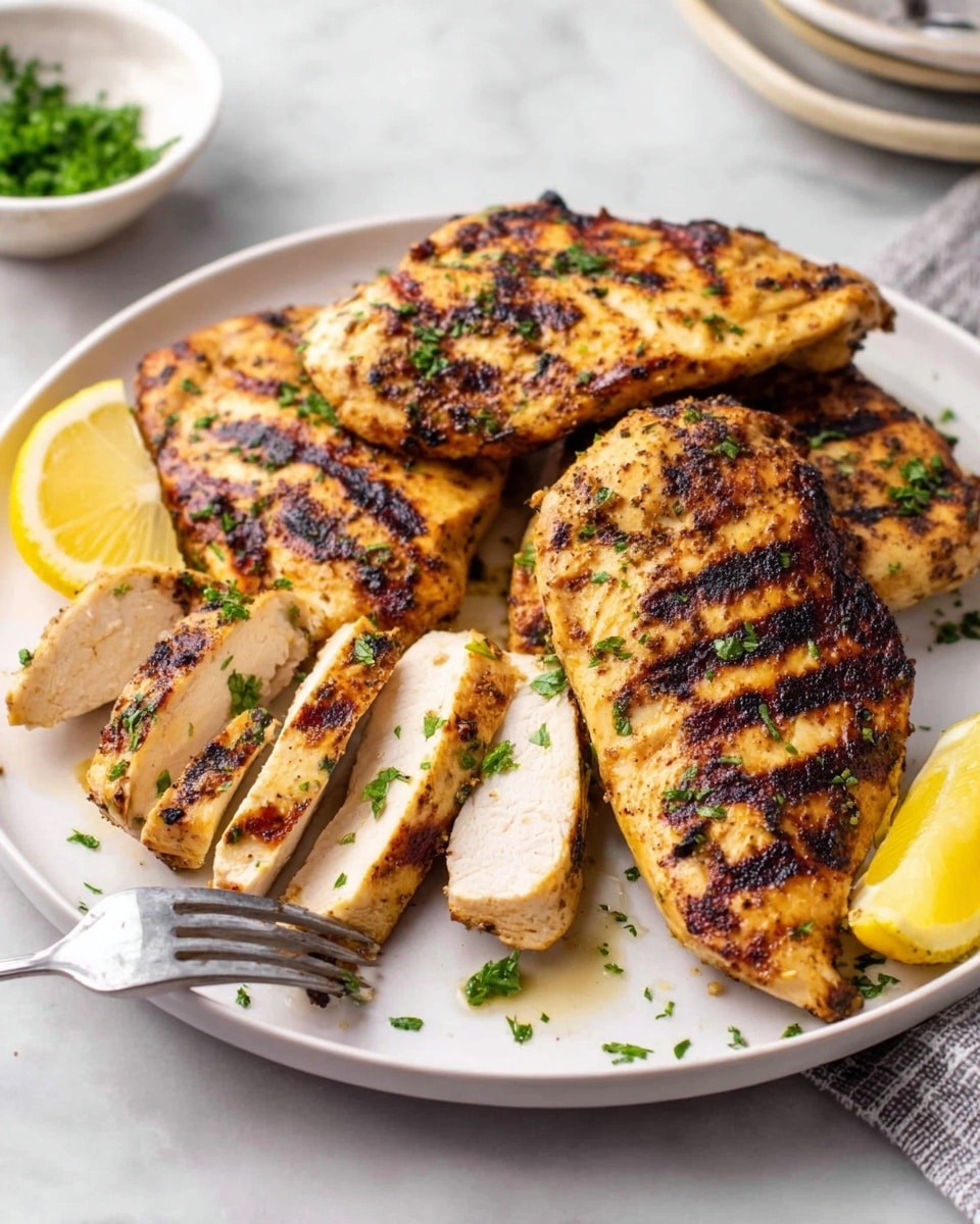 The image shows five pieces of grilled chicken breast arranged on a white plate, with char marks creating dark brown stripes across the golden brown surface of each piece. One chicken breast is partially sliced into four thick pieces, with a shiny silver fork holding one slice at the front. The inside of the chicken looks white and juicy. Small green parsley pieces are sprinkled on the chicken and the plate, adding color contrast. Two lemon wedges are placed on the lower right edge of the plate, their bright yellow juice visible. The plate sits on a white marbled surface, and a small white bowl with chopped green herbs is blurred in the background. Photo taken with an iphone --ar 4:5 --v 7