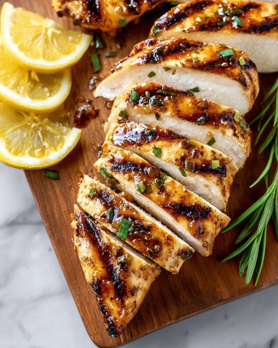 The image shows several slices of grilled chicken breast arranged on a wooden board. The chicken has clear dark grill marks with a golden brown color, and small green herb pieces are sprinkled on top. The slices reveal a moist, white inside, while the outside looks shiny with a glaze. To the left, there are three thin lemon slices, bright yellow with a translucent texture. A few fresh green herb sprigs lie next to the chicken. The background is a white marbled surface. photo taken with an iphone --ar 4:5 --v 7