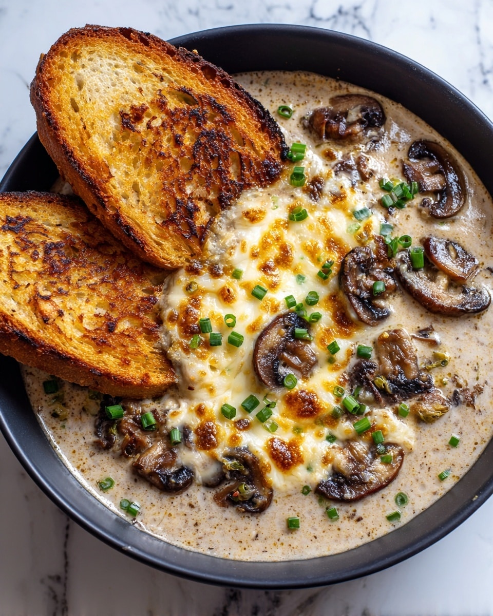 A black bowl is filled with creamy mushroom soup that has a light tan color with visible slices of sautéed dark brown mushrooms scattered on top and throughout. On the surface, there is a large, melted layer of browned white cheese with bubbles and spots of golden color, garnished with small pieces of chopped green onions. Three crispy slices of toasted bread with a golden-brown crust rest partly inside the bowl on one side. The background is a white marbled texture. photo taken with an iphone --ar 4:5 --v 7