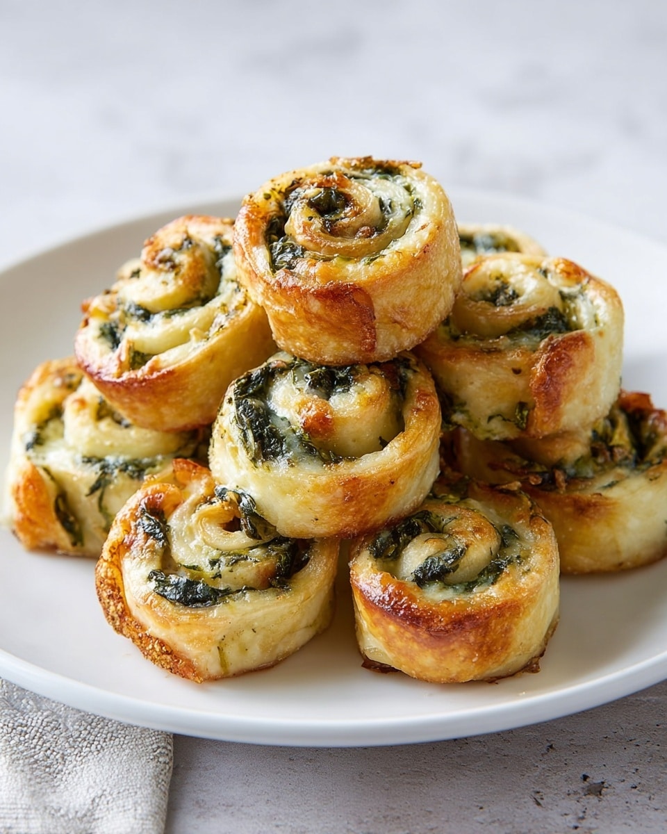 A white plate holds a pile of golden-brown pinwheel rolls, each with about three to four visible layers: a crispy outer layer, a creamy light yellow cheese layer, and a dark green spinach layer spiraled tightly inside. The rolls are stacked in a pyramid shape, showing their textured, slightly crispy edges and soft, creamy insides. The plate sits on a white marbled surface with a soft background. photo taken with an iphone --ar 4:5 --v 7