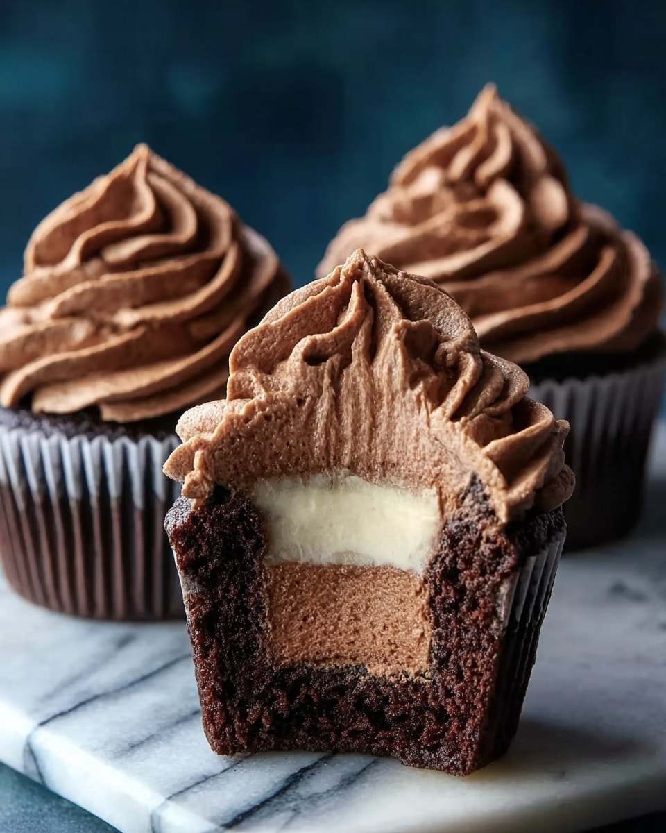 Three chocolate cupcakes are shown on a white marbled surface with a dark blue background. The cupcake in the front is cut in half, revealing three layers: a dense, dark brown chocolate cake base, a smooth light brown chocolate filling in the center, and a thick swirl of chocolate and white frosting on top, where the frosting has a textured, piped look with peaks and folds. The two cupcakes in the back are whole and topped with the same textured chocolate frosting. Photo taken with an iphone --ar 4:5 --v 7