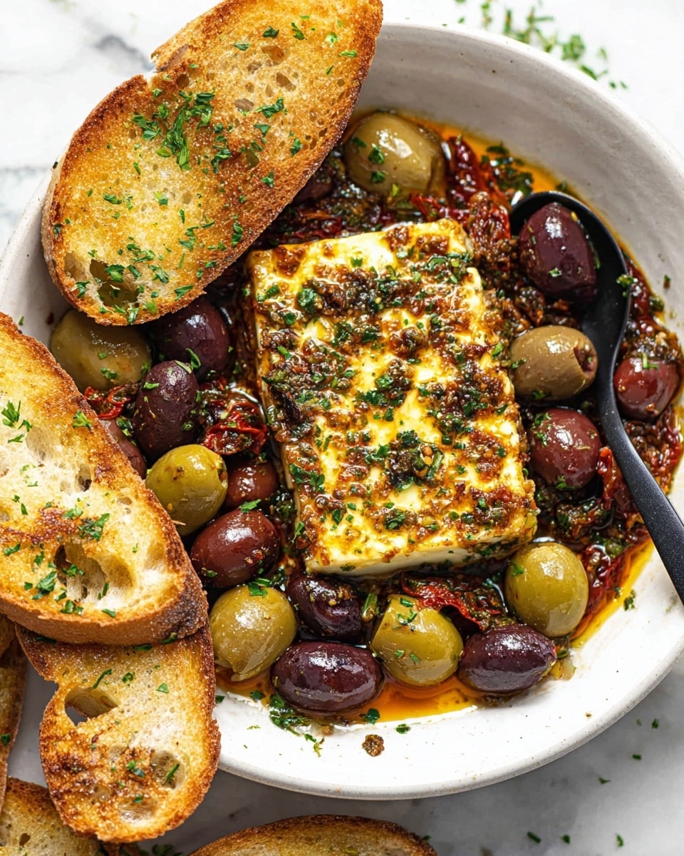 A white shallow round bowl filled with a block of grilled cheese in the center, with a golden-brown crust and sprinkled with green herbs. Surrounding the cheese are layers of green and dark purple olives, slices of garlic, and sun-dried tomatoes in an orange oil-based sauce. A black spoon rests inside the bowl, partially submerged in the olives and sauce. Three slices of toasted bread with a golden, crispy texture are placed around the bowl on a white marbled surface. Small bits of green herbs are scattered on top and around for garnish. photo taken with an iphone --ar 4:5 --v 7