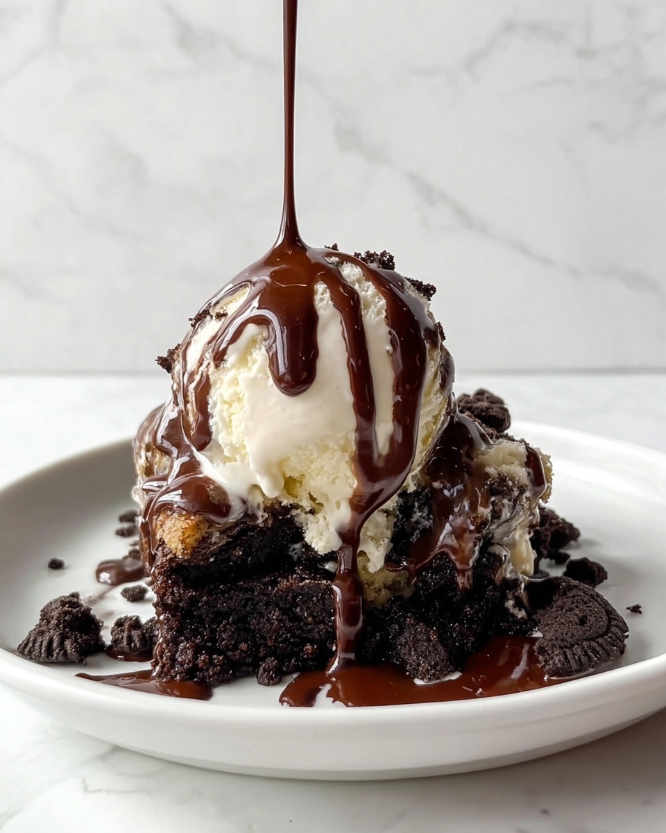 A white plate holds a dessert with three visible layers. The bottom layer is crumbled dark chocolate cookie pieces with a rough, crumbly texture. On top of this is a scoop of creamy, off-white vanilla ice cream, smooth and rounded. Rich, glossy dark chocolate sauce is being poured over the ice cream, dripping down its sides and pooling slightly over the cookie crumbs below. The background is a white marbled texture. photo taken with an iphone --ar 4:5 --v 7