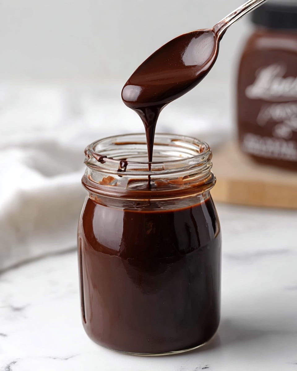 A clear glass jar is filled nearly to the top with thick, dark brown chocolate sauce, shiny and smooth in texture. A metal spoon is held above the jar, showing the sauce dripping slowly from it, capturing the glossy, rich liquid mid-pour. The jar sits on a white marbled surface with a blurry background where the shape of a dark chocolate powder container is visible. The scene is bright and clean, emphasizing the glossy, thick texture of the chocolate sauce. Photo taken with an iphone --ar 4:5 --v 7