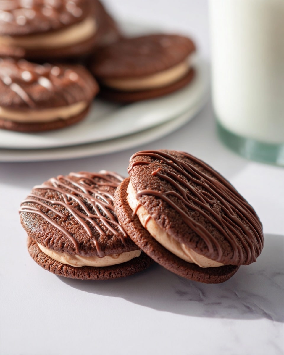 The image shows two chocolate sandwich cookies in the foreground, each with three layers: a soft, dark brown chocolate cookie on the bottom, a thick, creamy light brown filling in the middle, and another dark brown chocolate cookie on top. The top cookie has several wavy lines of smooth milk chocolate drizzled across it. In the background, a white plate holds more of these cookies, slightly out of focus. To the left, there is a glass of white milk. All items are placed on a white marbled texture surface, with soft natural light highlighting the textures and colors. photo taken with an iphone --ar 4:5 --v 7