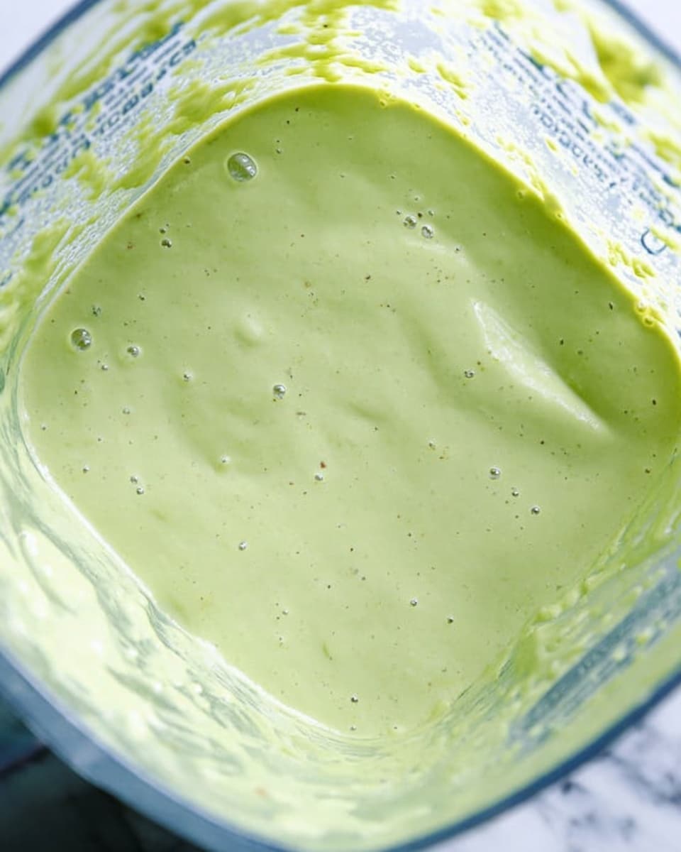 A thick, creamy yellow-green sauce with a smooth texture is being poured from a blender into a clear, tall plastic squeeze bottle that has its white nozzle cap removed and lying beside it. The bottle is about one-third full, and the sauce flows in a steady stream, slightly thick but fluid. Around the bottle on a dark gray stone surface are whole green chili peppers and garlic cloves, adding fresh green and white tones to the scene. The background and surface have been changed to a white marbled texture, giving a clean and bright look. Photo taken with an iphone --ar 4:5 --v 7