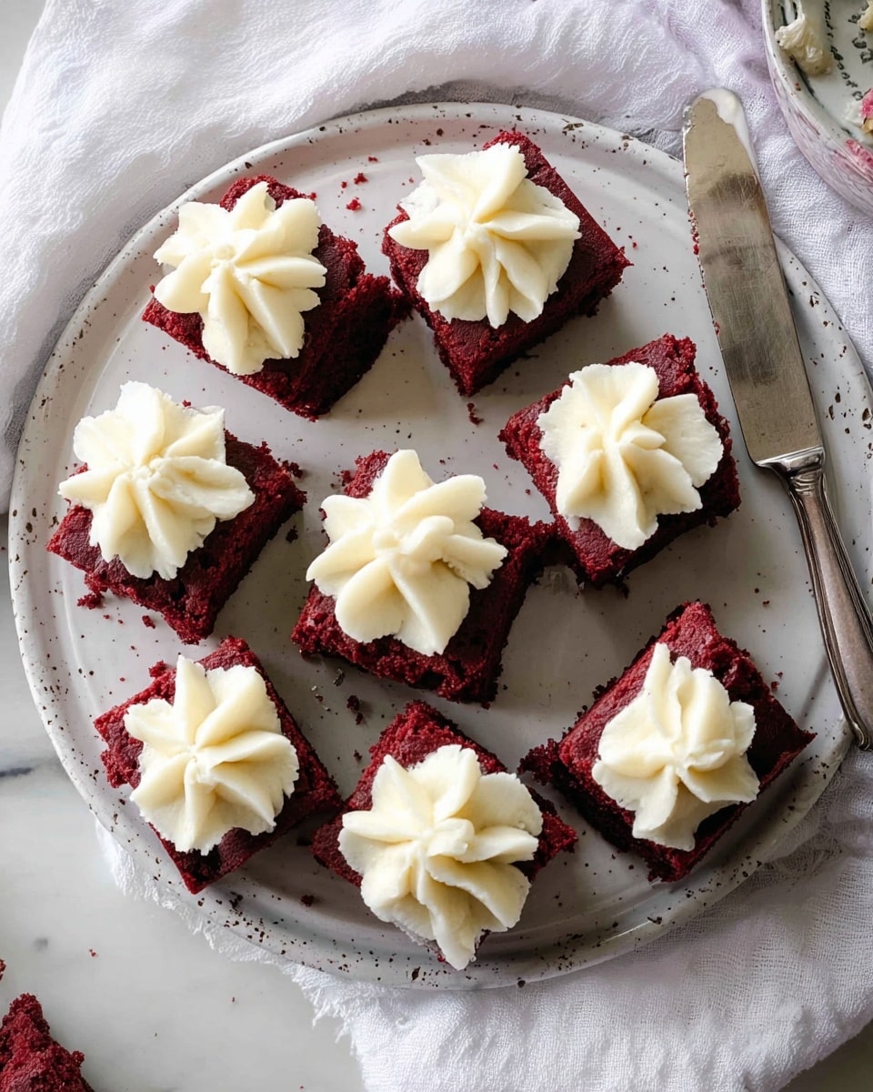 Nine small square red velvet brownies are arranged on a round white plate with a speckled gray rim, each topped with a swirl of creamy white frosting shaped like a flower. The brownies have a rich red color and a slightly crumbly texture, visible along the edges and on the plate. The plate rests on a white marbled surface with a white cloth and a silver butter knife nearby, adding a soft and clean background to the scene. Photo taken with an iphone --ar 4:5 --v 7