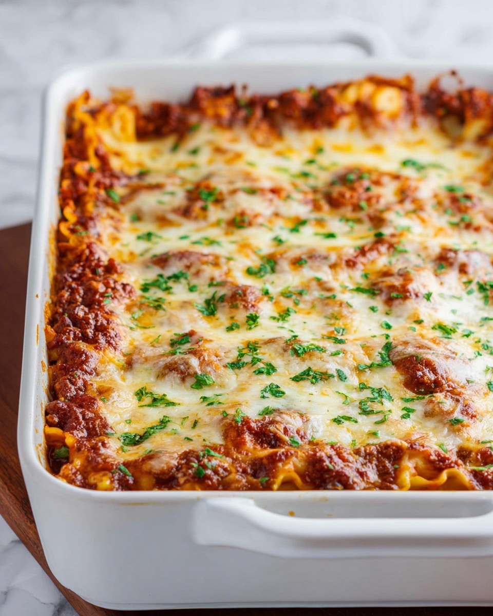 The image shows a baked lasagna in a white rectangular baking dish with handles. The top layer is a golden-brown melted cheese, with some bubbly browned spots and sprinkled with fresh green chopped herbs. Below this is a rich meat sauce layer with a reddish-brown color that peeks through the melted cheese in some areas. The edges show hints of melted cheese browning and the lasagna looks thick and hearty with multiple pasta layers inside. The dish is placed on a white marbled surface. photo taken with an iphone --ar 4:5 --v 7