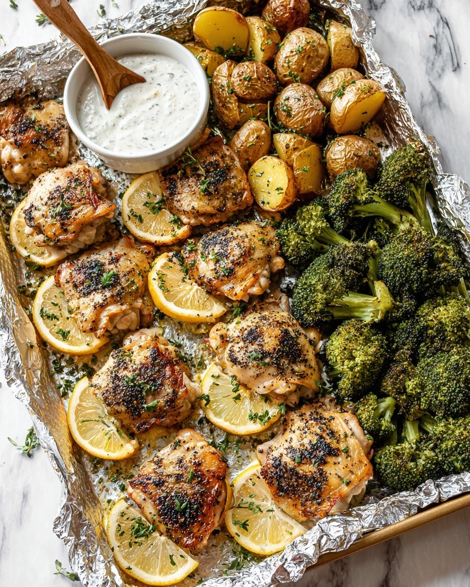 The image shows a foil-lined tray filled with six pieces of cooked chicken thighs sprinkled with black pepper and herbs, each sitting on round lemon slices, giving the chicken a slightly charred and juicy appearance. To the right side, there are bright green roasted broccoli florets with a slight crisp texture, and above them, golden roasted baby potatoes cut in halves, sprinkled with fresh herbs. A small white bowl with a creamy white sauce sits near the top left corner of the tray with a wooden spoon resting inside it. The entire tray is on a white marbled surface. photo taken with an iphone --ar 4:5 --v 7