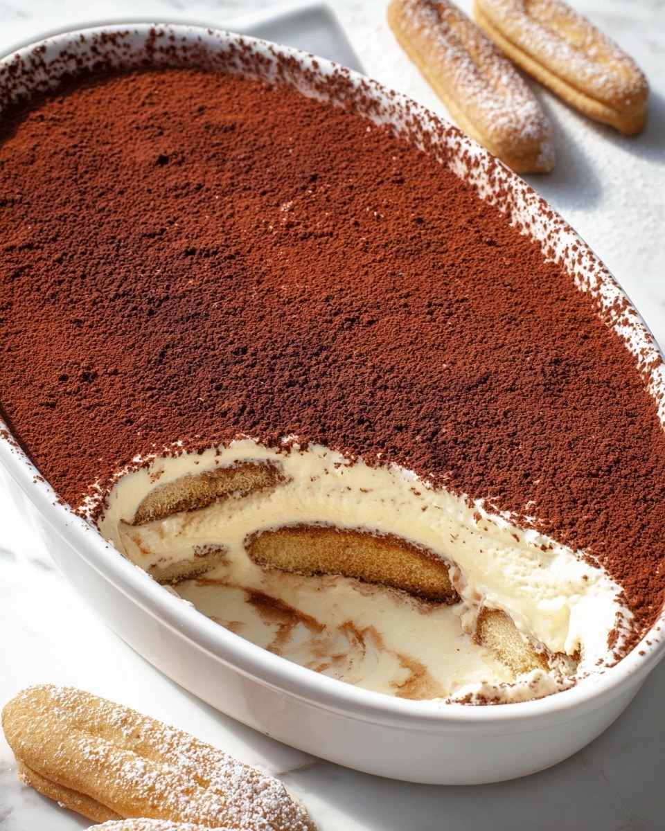 A white oval dish filled with a layered dessert showing a rich top layer of finely powdered cocoa covering the entire surface in dark brown. One portion is removed, revealing three distinct layers beneath: a bottom layer of soaked ladyfingers in a light brown color, a middle thick creamy beige filling, and another thin layer of soaked ladyfingers above it, all topped by the creamy layer just under the cocoa powder. On the white marbled surface beside the dish, there are three dusted ladyfingers arranged diagonally. The light in the image is bright and natural, showing the texture of the cocoa powder and cream. Photo taken with an iphone --ar 4:5 --v 7