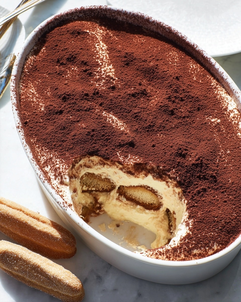 A white oval dish holds a layered dessert with a smooth, thick top layer dusted evenly with dark brown cocoa powder, creating a rich, matte texture covering the entire surface. A large portion has been removed, revealing three inner layers: the top and bottom are light brown, soaked ladyfinger biscuits with a soft and slightly wet texture, while the middle is a creamy, pale yellow mascarpone filling that looks smooth and thick, stretched unevenly between the biscuit layers. The dish is placed on a white marbled surface with three spare ladyfinger biscuits lightly dusted with powdered sugar positioned nearby. Photo taken with an iphone --ar 4:5 --v 7