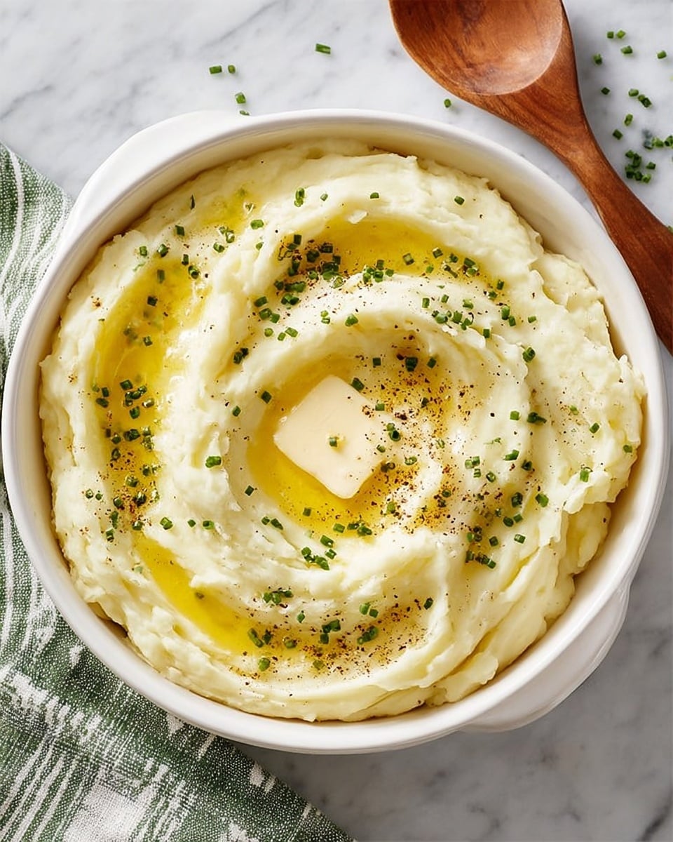 The image shows a white bowl filled with creamy mashed potatoes, swirled into soft peaks and valleys. On top, there is a melting pat of butter partially soaked into the smooth yellowish surface. Scattered around the butter are small green chive pieces and a light sprinkle of black pepper. The bowl is placed on a white marbled surface, with a green striped cloth and a wooden spoon resting nearby. The texture of the mashed potatoes looks rich and fluffy, with gentle glossy spots where the melted butter pools. photo taken with an iphone --ar 4:5 --v 7