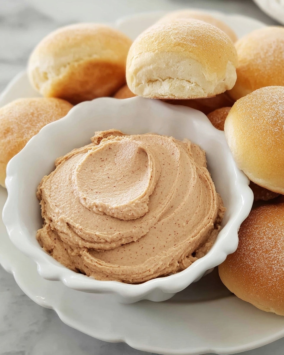 The image shows a white scalloped bowl filled with a smooth, light brown spread that has visible specks, giving it a textured look. The spread is swirled neatly on top, creating soft waves and peaks. Surrounding the bowl are several small, round, golden-brown bread rolls with a soft, slightly shiny surface and a light dusting of flour. The whole setup sits on a white plate placed on a white marbled surface. photo taken with an iphone --ar 4:5 --v 7