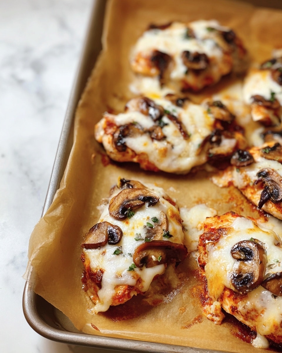 The image shows several small, round pieces of grilled chicken topped with melted white cheese and browned mushroom pieces scattered on top. Each piece has a base layer of light brown grilled chicken with char marks, a middle layer of orange-red sauce peeking from under the cheese, and a final layer of cheese that is melted and slightly browned, covering the mushrooms in irregular shapes on the surface. The pieces are placed on parchment paper inside a baking tray, resting on a white marbled surface in soft lighting with a shallow depth of field, highlighting the texture and color contrast of cheese, mushrooms, and chicken. photo taken with an iphone --ar 4:5 --v 7