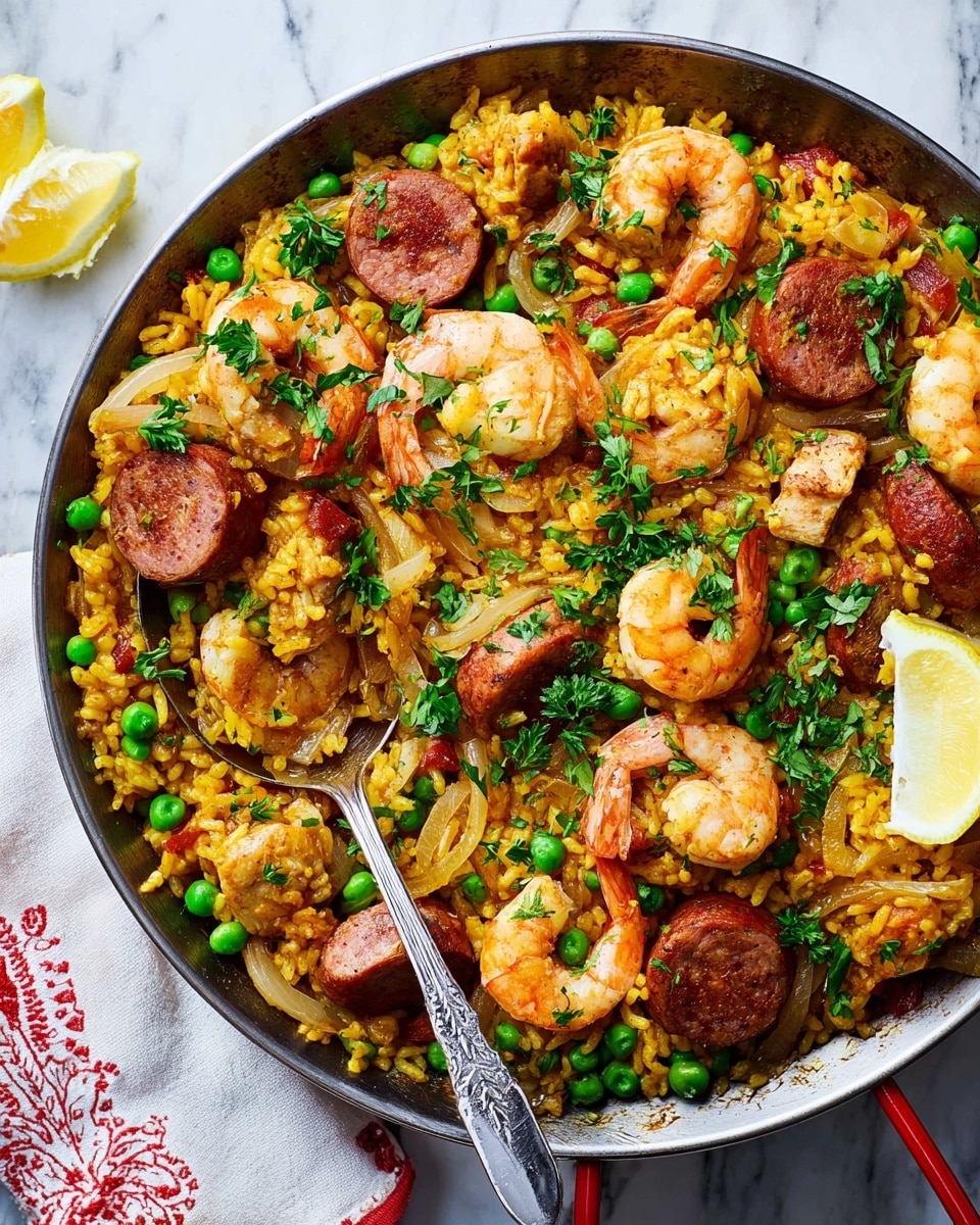 The dish is a close-up view of a metal pan filled with a colorful paella. The bottom layer is yellow-orange rice, mixed with thin slices of cooked onion. On top of the rice are scattered bright green peas, orange-pink cooked shrimp, and round slices of browned sausage. There are fresh green parsley leaves placed over the dish for garnish. Two lemon wedges rest on one side of the pan, adding a bright yellow touch. A silver spoon sits in the pan, partly buried in the rice and shrimp, with the handle extending out. The pan rests on a white marbled surface, with a white cloth with red patterns partly visible on the left side. photo taken with an iphone --ar 4:5 --v 7