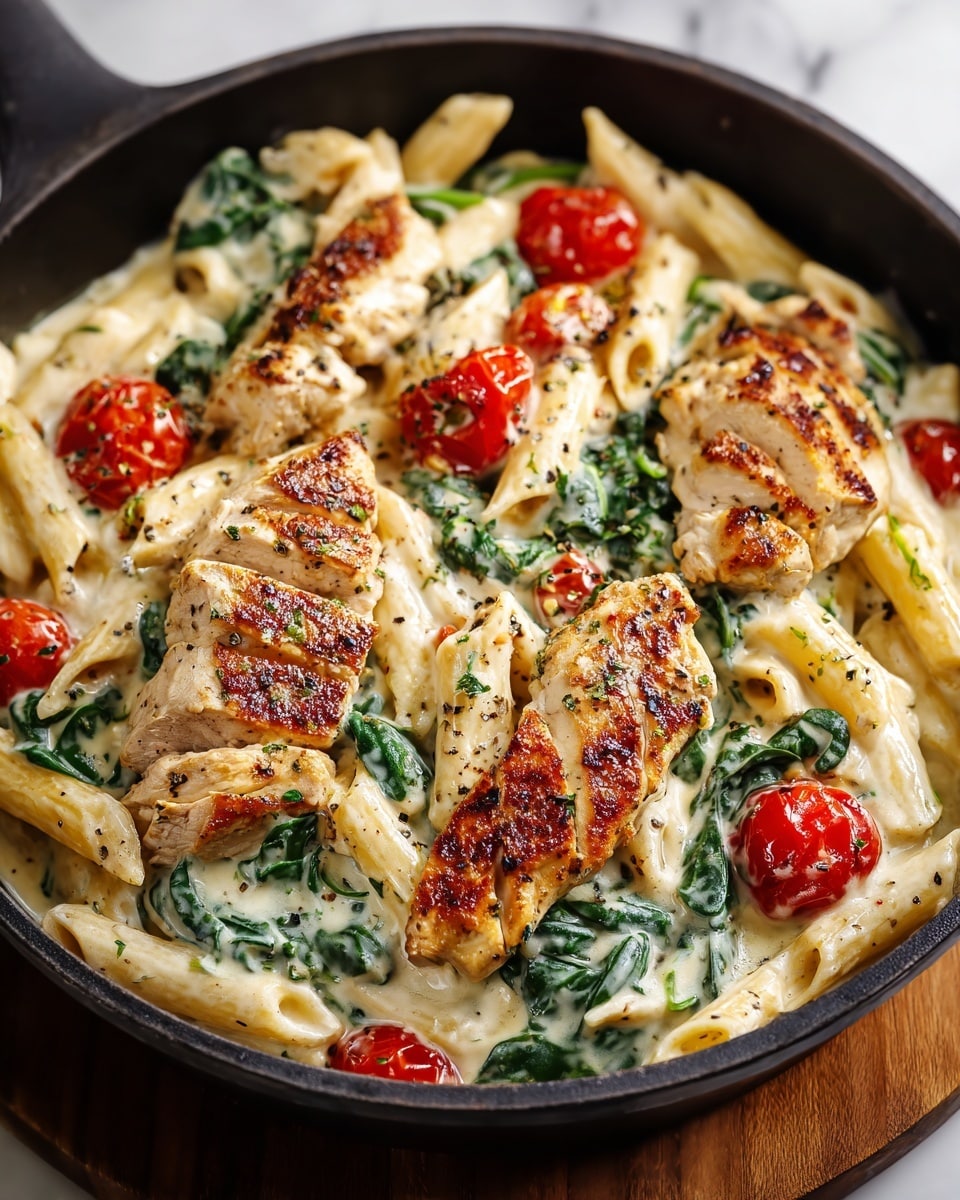 This image shows a black pan filled with a creamy pasta dish layered with pale yellow penne pasta mixed with dark green spinach leaves and roasted bright red cherry tomatoes. On top of this base, there are several pieces of grilled chicken with clear brown grill marks and a golden crust. The creamy white sauce coats the pasta and spinach, giving a smooth texture, while scattered herbs and black pepper flakes add small green and black specks. The pan sits on a wooden board over a white marbled surface. photo taken with an iphone --ar 4:5 --v 7