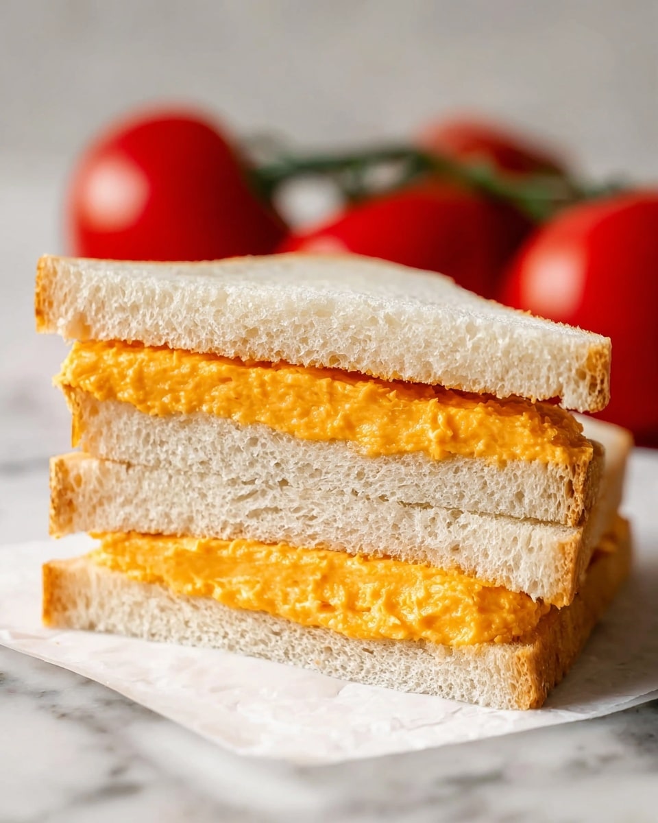 A close-up of a sandwich cut diagonally into two pieces, stacked one on top of the other on a white marbled surface. Each sandwich half has two layers of soft, white bread with the crust on the edges, and between them is a thick layer of smooth, bright orange cheese spread that looks creamy and slightly textured. In the blurred background, there are two red tomatoes attached to a green vine, adding a fresh contrast to the image. The lighting is soft and natural, highlighting the fluffy texture of the bread and the vivid color of the cheese spread. Photo taken with an iphone --ar 4:5 --v 7