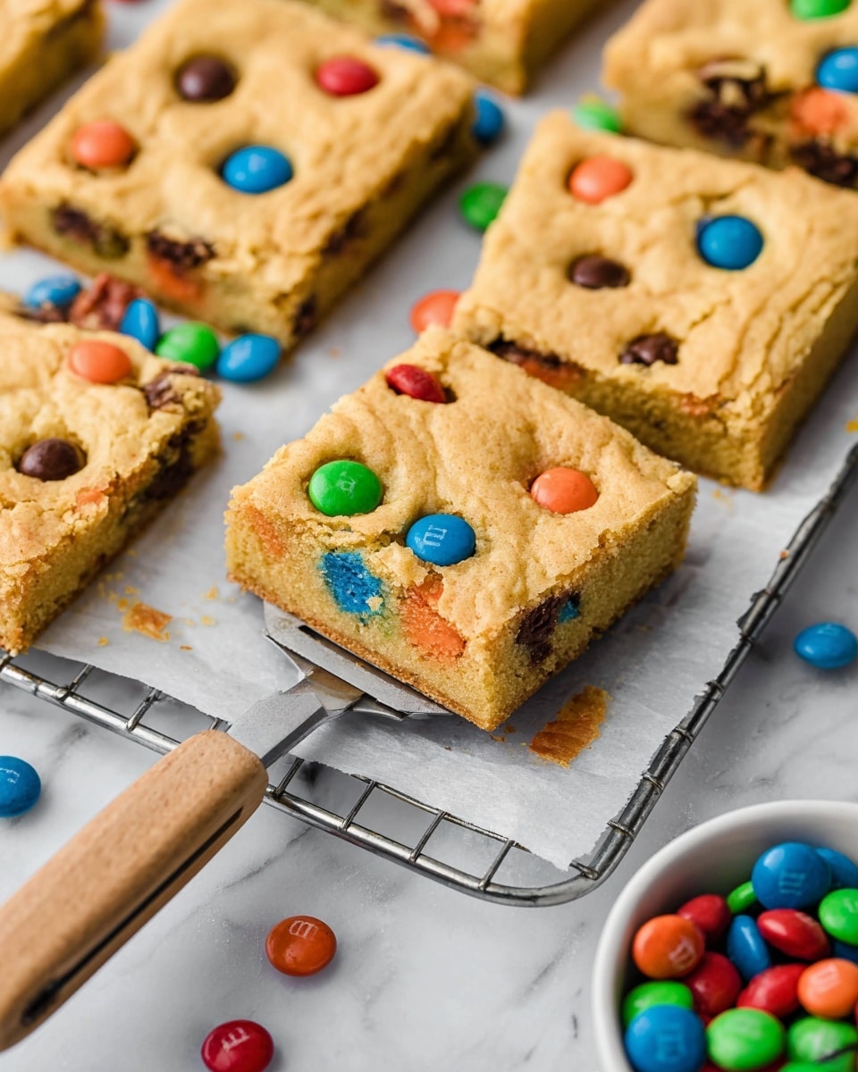 The image shows square blondie bars with colorful M&M candies embedded on top and inside. Each blondie has a soft golden-brown crust with cracked texture and bright blue, red, green, orange, and brown candies scattered unevenly on the surface. The blondies are placed close together on a metal cooling rack over white parchment paper, all on a white marbled background. One blondie is being lifted with a metal spatula that has a wooden handle, revealing the thickness of the bar and the gooey interior spotted with melted candy colors. Around the rack, loose M&Ms are spread on the white marbled surface, and a white bowl filled with more candies is partially visible. photo taken with an iphone --ar 4:5 --v 7