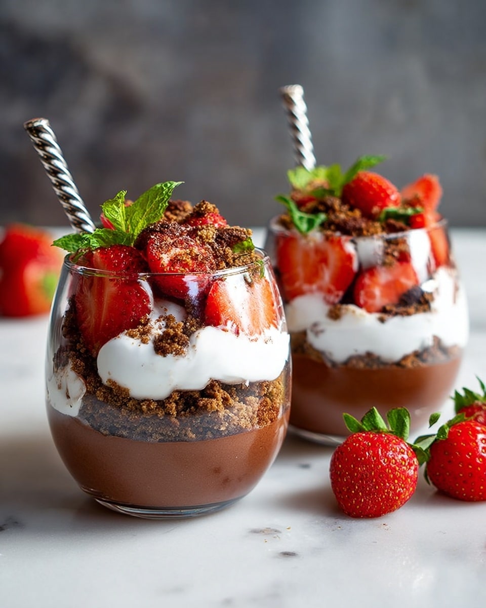 Two clear round glasses hold a layered dessert with four distinct layers. At the bottom is a smooth, dark brown chocolate mousse. Above that is a layer of crumbly light brown chocolate crumbs mixed with whole and halved fresh red strawberries. Next is a thick white cream layer that looks soft and fluffy. The top layer has more chocolate crumbs, halved strawberries, and small green mint leaves for garnish. Each glass has a twisted silver spoon sticking out. The glasses sit on a white marbled surface with some whole strawberries in the background. Photo taken with an iphone --ar 4:5 --v 7