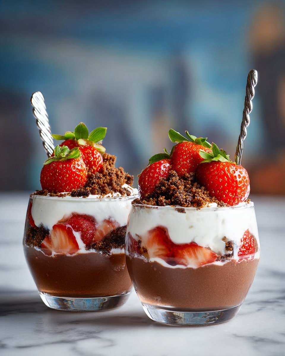 Two small clear glass cups hold layered desserts, each with four layers. The bottom layer is smooth, dark brown chocolate pudding. Above that is a layer of crumbly light brown cookie crumbs mixed with red strawberry pieces. On top of the strawberries is a thick white cream layer, soft and fluffy. This is topped with more crumbly cookie crumbs and several fresh strawberry halves with green leaves for decoration. Each glass has a long silver spoon with a twisted handle inside. The cups sit on a white marbled surface with blurred blue and grey background. photo taken with an iphone --ar 4:5 --v 7