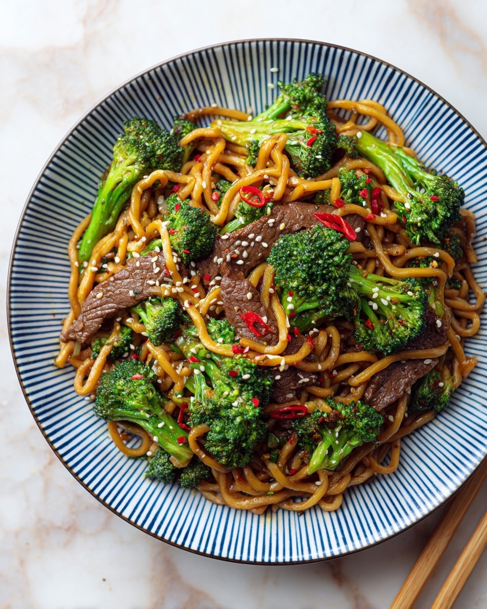 The dish is a close-up top view of a plate filled with beef noodles and broccoli. The plate is white with a blue zigzag pattern around the edges. The noodles are a dark golden brown color, twisted and mixed throughout the plate. There are thick, dark brown slices of beef scattered evenly among the noodles, with bright green broccoli florets placed on top and throughout the dish. Tiny white sesame seeds and small red chili flakes are sprinkled all over, adding texture and color contrast. The plate is on a white marbled surface, and a pair of wooden chopsticks lay nearby on the right side. photo taken with an iphone --ar 4:5 --v 7