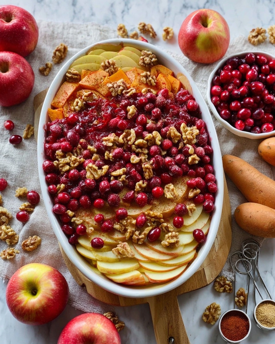 A white oval dish filled with three clear layers is placed on a wooden board over a white marbled surface. The first layer at the bottom consists of thinly sliced light yellow apples arranged evenly. On top of this is a thick layer of bright red whole cranberries mixed with a generous amount of light brown walnut halves scattered throughout. The cranberries and walnuts are dusted with a fine layer of cinnamon. Surrounding the dish are whole red and yellow apples, raw pale orange sweet potatoes, scattered walnuts, a small white bowl filled with more cranberries, and small piles of spices on measuring spoons. The scene is bright and fresh, showing a mix of textures and fall colors. photo taken with an iphone --ar 4:5 --v 7