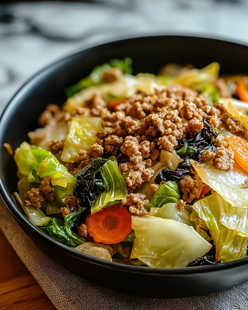 A close-up of a black bowl filled with a stir-fry dish, showing about three layers: the bottom layer is glossy dark green and orange vegetables, mainly leafy greens and sliced carrots; the middle layer consists of light green and translucent cooked cabbage pieces with a shiny texture; the top layer is crumbled, cooked brown ground meat spread evenly on top. The bowl is placed on a cloth, with a blurred white marbled surface in the background. photo taken with an iphone --ar 4:5 --v 7