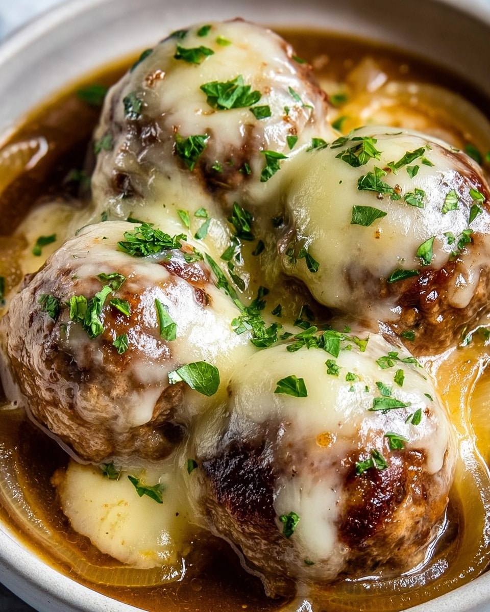 A white bowl filled with seven browned meatballs, each topped with melted, slightly golden cheese and sprinkled lightly with chopped green herbs. The meatballs rest on a bed of translucent cooked onions and a rich brown sauce that fills the bottom of the bowl. To one side, a small pile of shredded pale yellow cheese sits against the edge of the bowl. The background shows a white marbled texture. Photo taken with an iphone --ar 4:5 --v 7