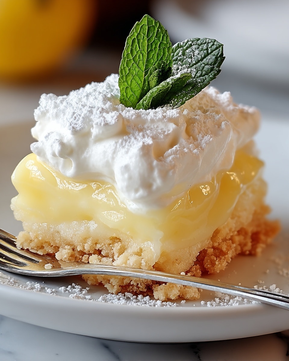 A close-up of a dessert served on a white plate resting on a white marbled surface, showing three layers: a crumbly, light golden crust at the bottom; a thick, smooth pale yellow custard layer in the middle that looks creamy and slightly glossy; and a fluffy white whipped cream layer on top, dusted lightly with powdered sugar. A fresh green mint leaf with visible texture is placed upright in the whipped cream. A silver fork lies diagonally at the front edge of the plate. Photo taken with an iphone --ar 4:5 --v 7
