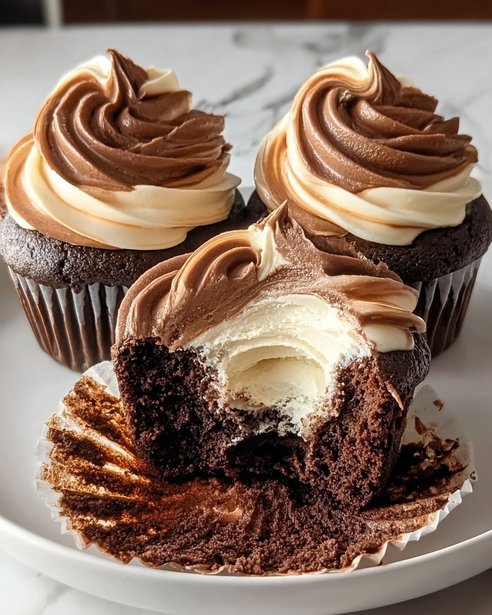 Three chocolate cupcakes are placed on a white plate over a white marbled surface, each topped with a swirl of two-tone frosting mixing creamy white and rich chocolate brown. The frosting is piped in a spiral shape adding texture on top. One cupcake in the front has a large bite taken out of it, revealing a soft, moist dark chocolate cake layer below and a thick, creamy white frosting center inside. The frosting on this bitten cupcake shows smooth swirls of chocolate and white cream blending together both on top and inside. Photo taken with an iphone --ar 4:5 --v 7