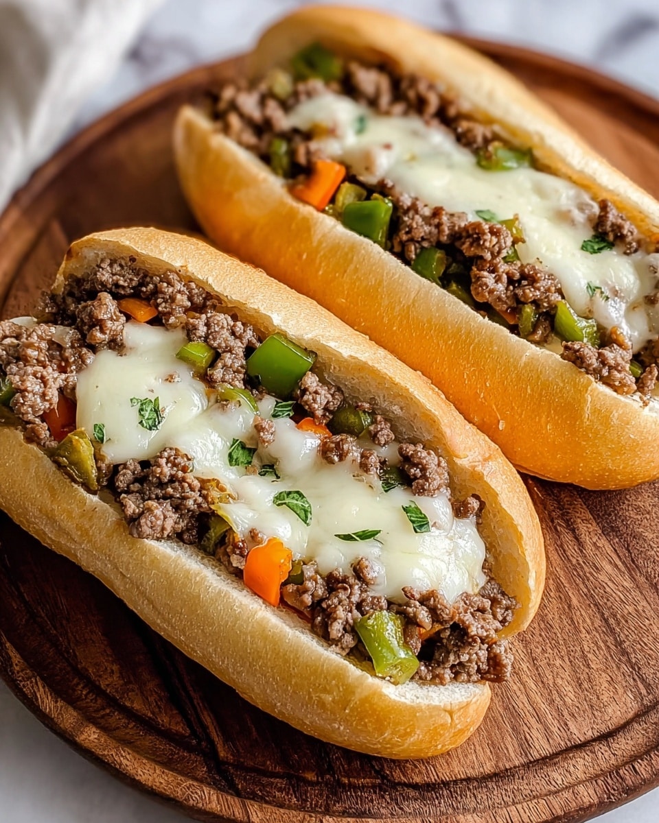 Two sandwiches are shown on a wooden round board. Each sandwich has a soft, light golden brown hoagie roll sliced open lengthwise. The first layer inside the roll is small cooked ground beef pieces mixed with green and orange bell pepper chunks. On top of the beef and peppers, there is a layer of melted white cheese that looks creamy and slightly gooey. Small bits of green herbs are scattered over the cheese, adding a touch of fresh color. The background is a white marbled texture. photo taken with an iphone --ar 4:5 --v 7