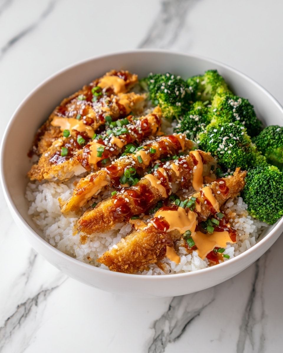 A white bowl sits on a white marbled surface, filled with three layers of food. The bottom layer is soft white rice, covering the entire bowl base. Above the rice are five pieces of golden brown fried chicken strips, each topped with a shiny reddish-brown sauce and drizzled with thick, creamy orange sauce. Small white sesame seeds and tiny green onion pieces decorate the chicken strips. On the right side of the bowl, bright green broccoli florets fill the space beside the chicken, adding a fresh color contrast. The overall look is neat and colorful, showing crispy textures and fresh ingredients, photo taken with an iphone --ar 4:5 --v 7