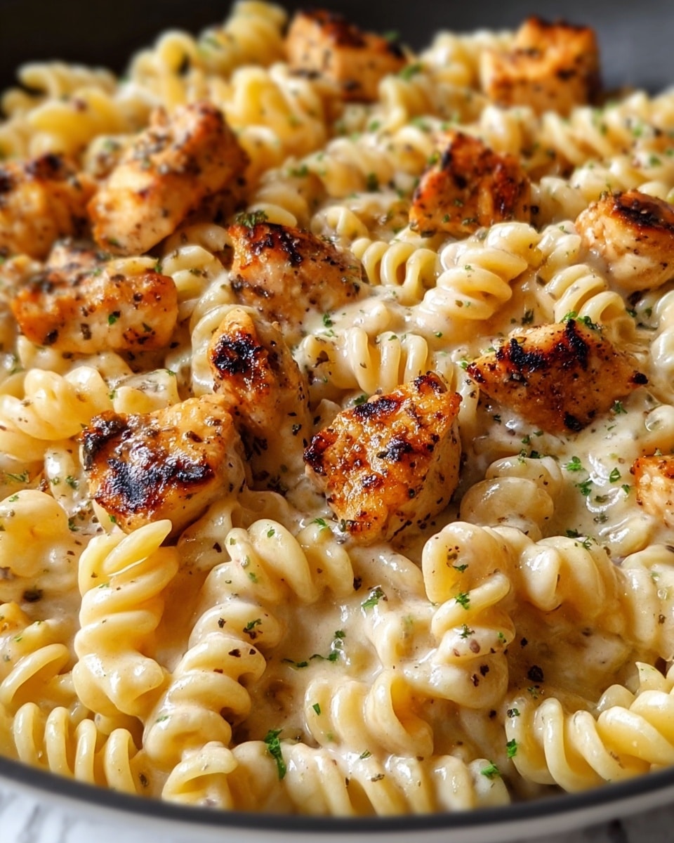 The dish is a close-up view of a creamy pasta with grilled chicken. The bottom layer consists of short spiral pasta in a pale yellow color, coated smoothly with a light, creamy white sauce. Scattered evenly on top are bite-sized grilled chicken pieces showing a golden-brown color with dark grill marks and some black pepper seasoning. Small green herb bits are sprinkled lightly across the dish, adding subtle color contrast. The background is a white marbled texture. photo taken with an iphone --ar 4:5 --v 7