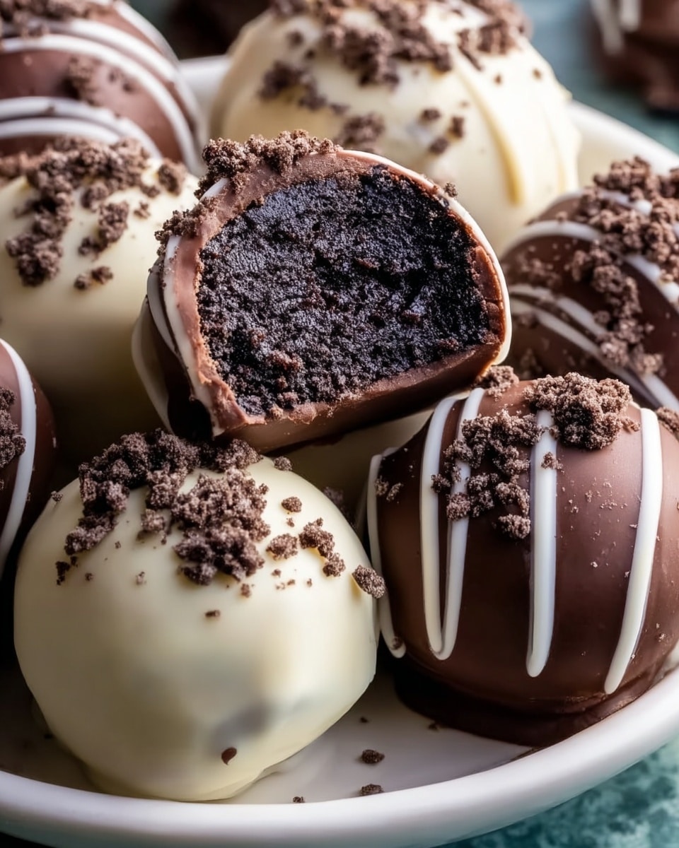 A close-up view of round chocolate truffles arranged on a white dish, placed on a white marbled texture. The truffles have a smooth outer layer, with some coated in shiny milk chocolate and others in creamy white chocolate, each topped with crumbled dark chocolate pieces. One truffle is cut in half, showing a dark, dense, and moist chocolate cake center inside, covered by the milk chocolate shell. Drizzles of white chocolate stripe over some milk chocolate truffles, adding visual contrast. The lighting highlights the glossy texture of the chocolate shells. photo taken with an iphone --ar 4:5 --v 7