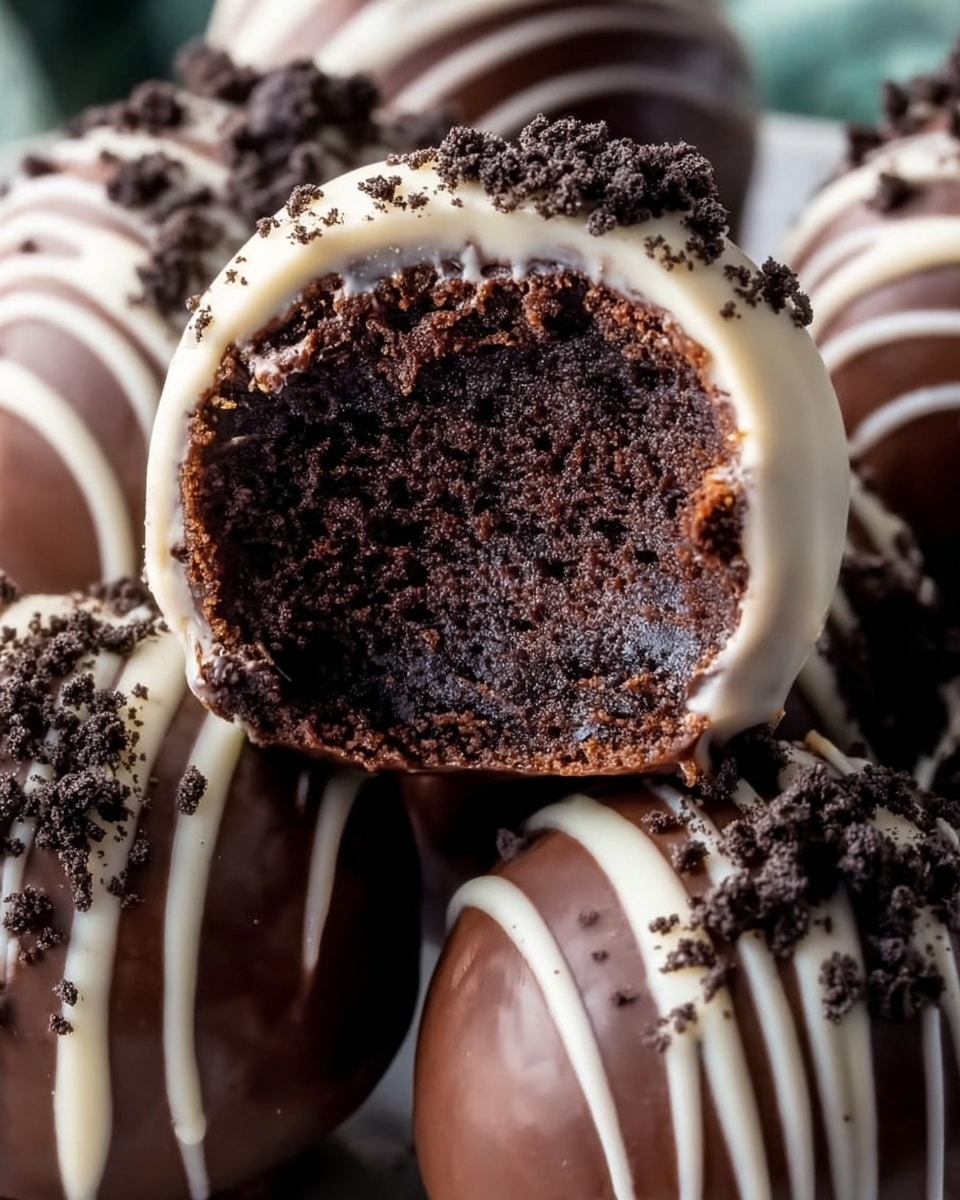 A close-up view of a round chocolate cake ball with a broken open top layer showing dense, moist, dark brown cake inside. The outer layer is smooth milk chocolate with a glossy shine, decorated with white chocolate drizzles and topped with dark chocolate cookie crumbs. The cake ball rests on top of several other similar balls on a white marbled surface. The colors are mainly rich dark brown with creamy white accents and crumbly textures on top. Photo taken with an iphone --ar 4:5 --v 7