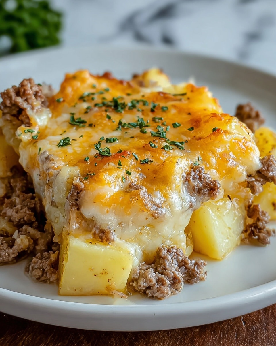 A close-up view of a dish on a white plate with three main layers: the bottom layer is made of light yellow cubed potatoes with a soft, cooked texture; the second layer is ground beef that looks browned and crumbly, spread evenly among the potatoes; the top layer is melted cheese with a mix of white and orange shades, slightly browned and gooey, with small green chopped herbs sprinkled on top for color. The plate is placed on a surface with a white marbled texture. photo taken with an iphone --ar 4:5 --v 7